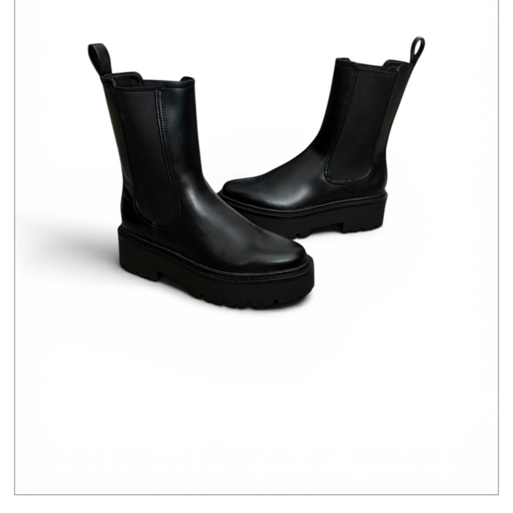 H&M Black Leather Platform Chelsea Ankle Boots